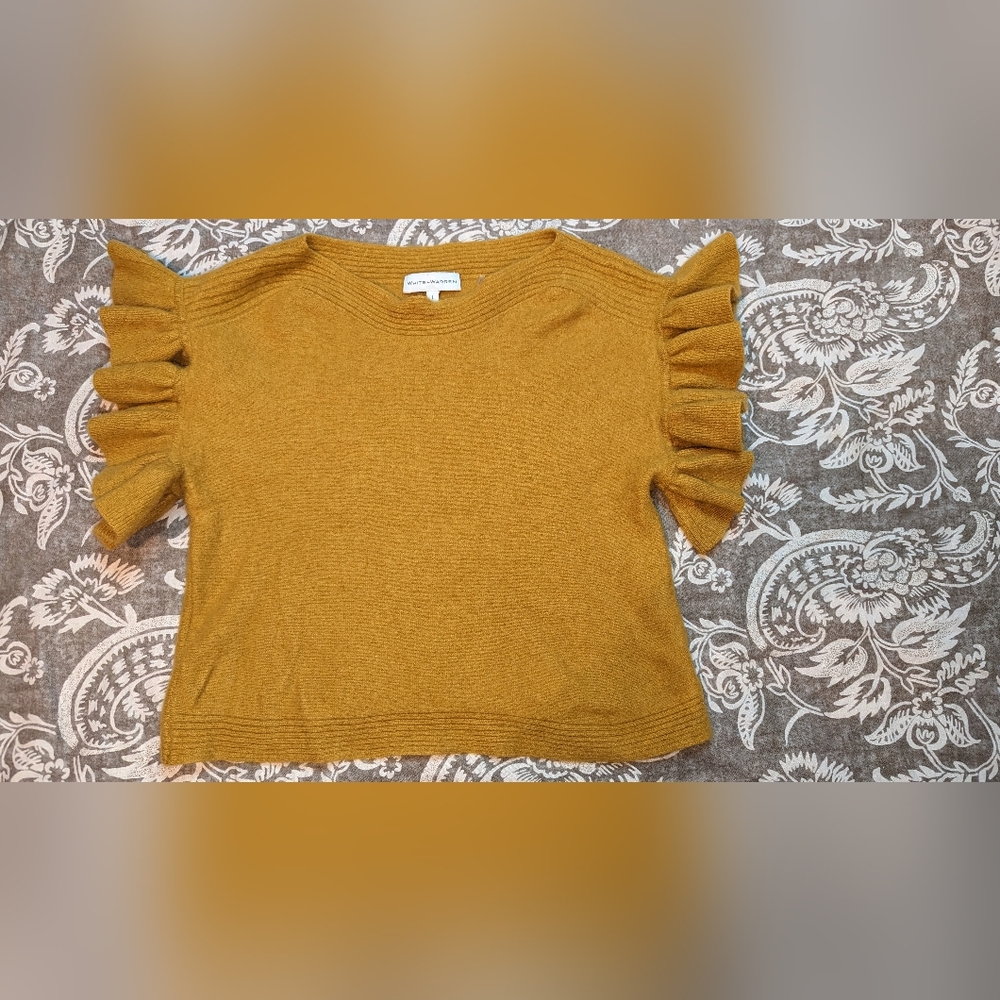 White + Warren Sz L 100% Cashmere Short Ruffled Sleeve Boatneck Sweater Cropped
